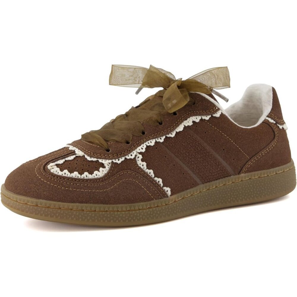 Belinda Womens Lace Detail Casual Brown Sneakers Ribbon Lace Up Memory Foam - Picture 9 of 9